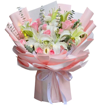 防城港16朵粉玫瑰百合，感情稳定坚固